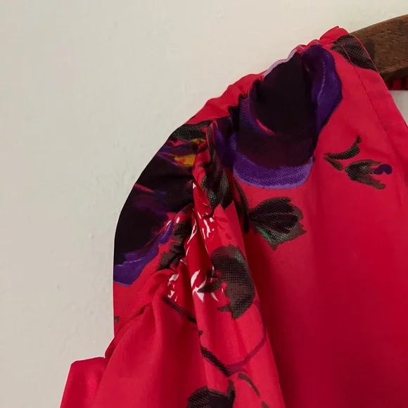 Strawberry Red Floral Romantic V-neck Midi High-low Dress High Waist Crossover L - Picture 4 of 11